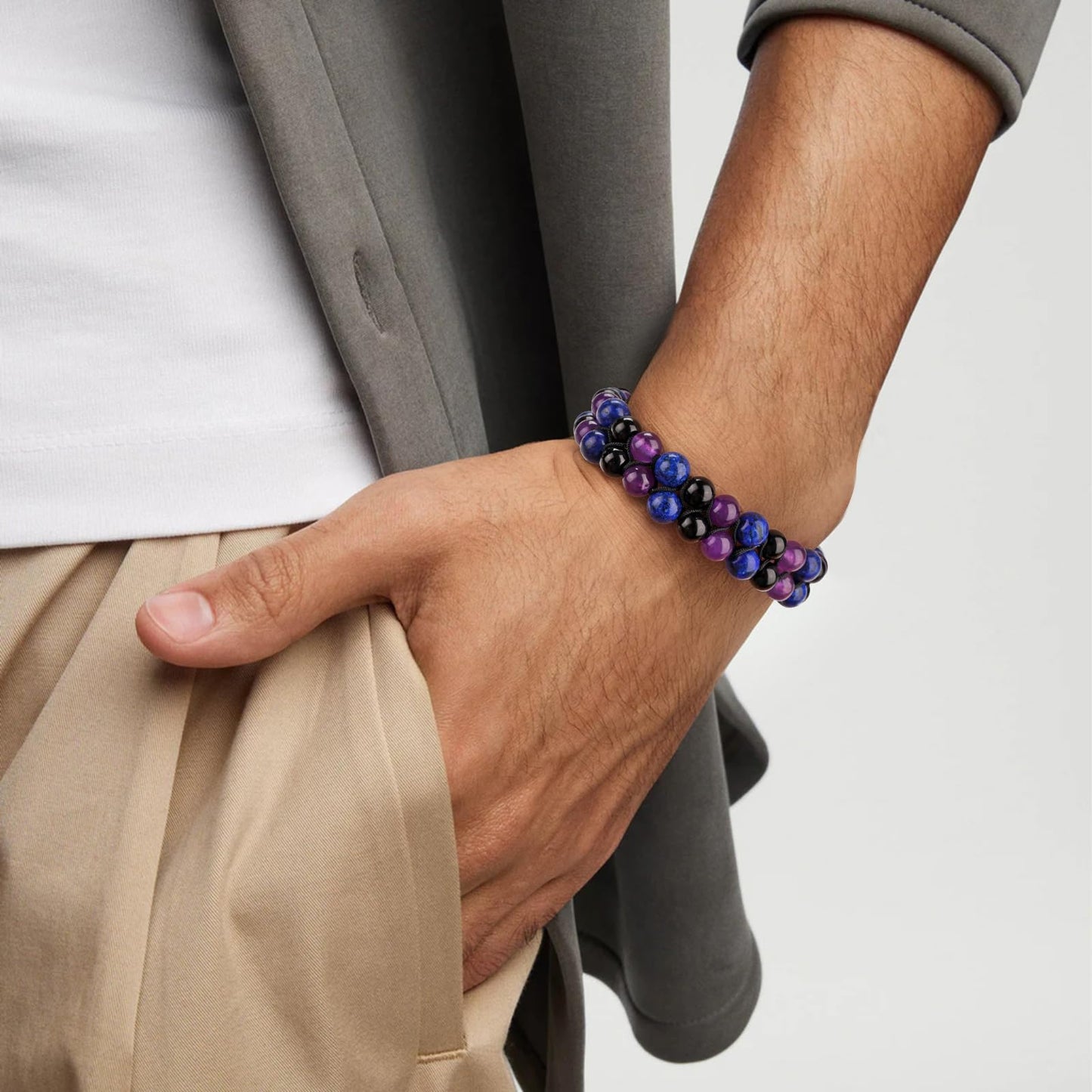 Raicegs Stress Relief Bracelet Natural Stones Amethyst Lapis Lazuli Black Obsidian Beaded Bracelet for Men Women Healing Crystal Bracelet
