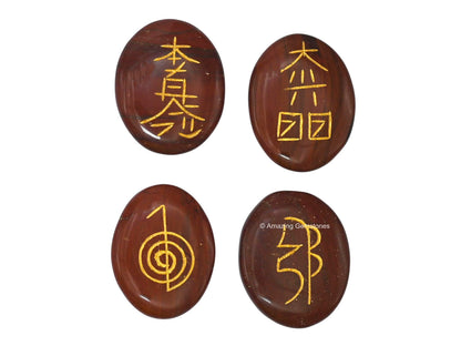 Amazing Gemstone Red Jasper Crystal Reiki Stones with Engraved Symbols for Usui Reiki Healing, Set of 4 Pcs (Indian Handmade Reiki Gift Set)