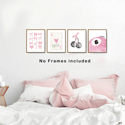 okaxscm Pink Coquette Trendy Preppy Wall Art Prints Set of 4, Coquette Room Decor, Preppy Room Decor Aesthetic, Pink Bow Disco 8 Ball Cherry Wall Decor Posters for Girls Bedroom Dorm, 8x10 Unframed