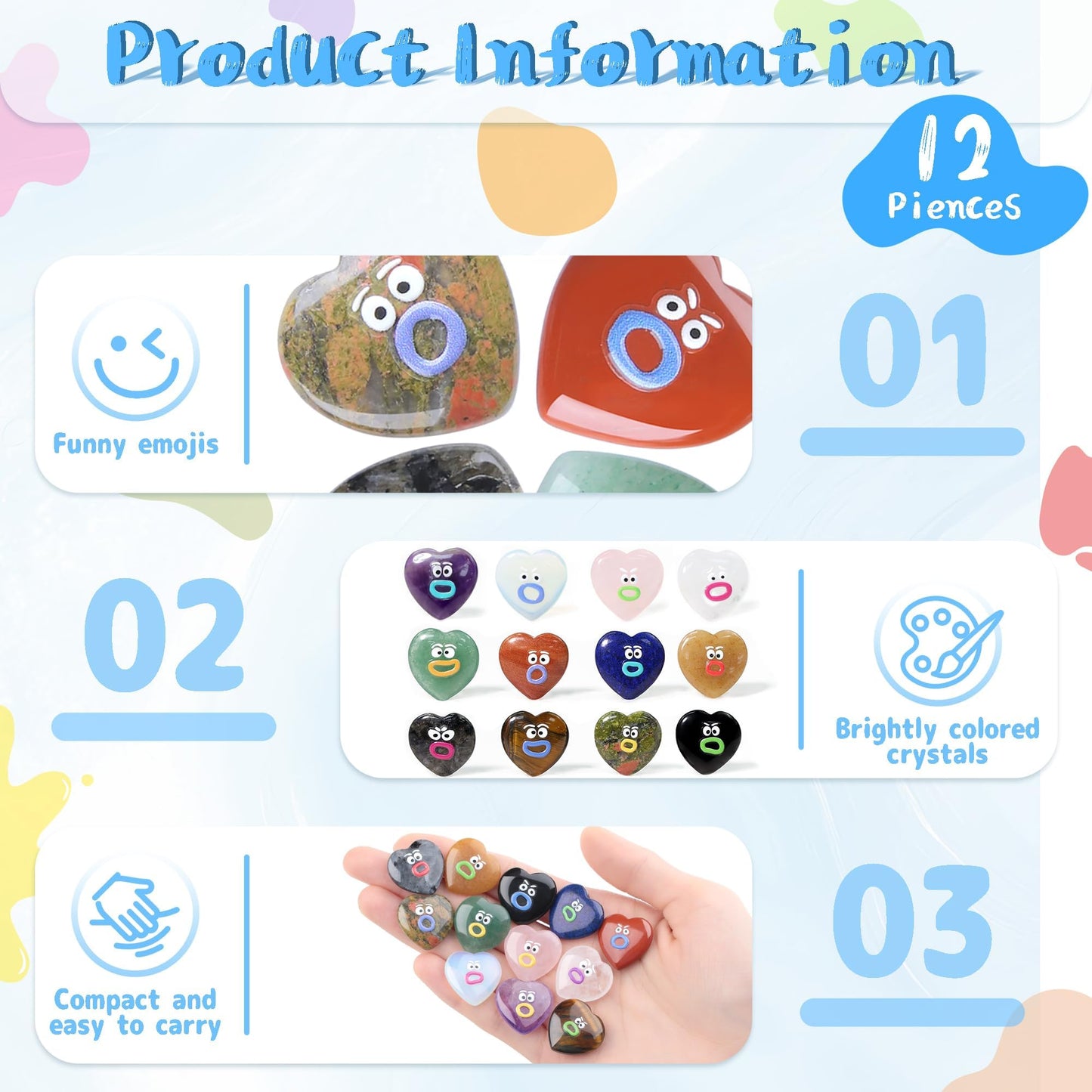 XIANNVXI Funny Emotion Heart Polished Stone Gift 12pcs Natural Heart Healing Crystals Stones Mothers Day Graduation Birthday Gifts for Women Cute Emoji Carving Figurine Crystals Present