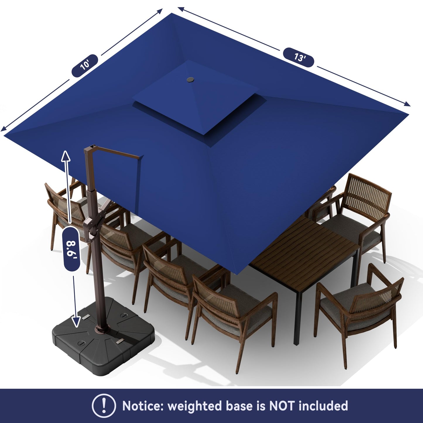 MEVBC 10 X 13 FT Cantilever Outdoor Patio Umbrella with LED Lights Large Heavy Duty 360° Rotation Double Top Offset Rectangular Umbrellas for Backyard Garden Pool Outside Deck, Navy