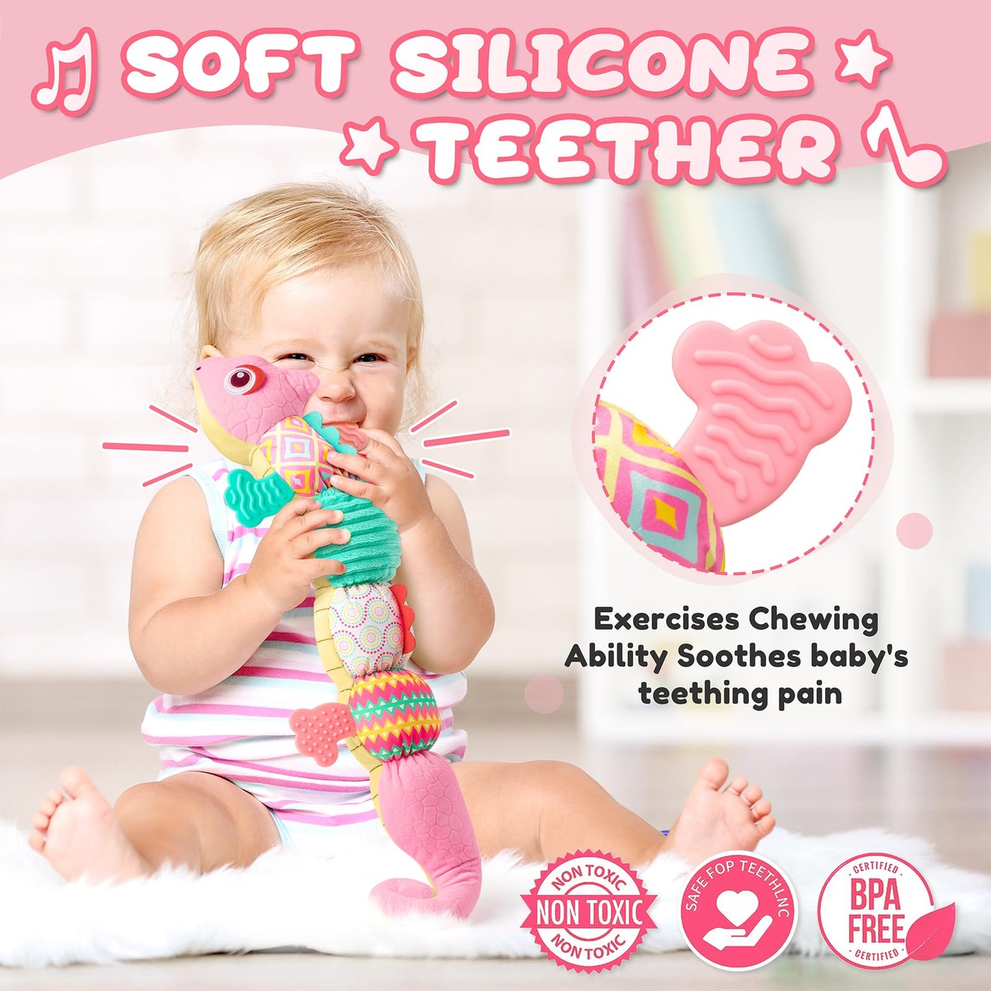 AWOTOY Baby Toys Sensory Musical Stuffed Animal Activity Soft Infant Toys 0-6-12 Month with Multi-Sensory Crinkle,Rattles&Textures,Baby Girl Toys Easter Gifts Newborn Tummy Time Easter Basket Stuffer