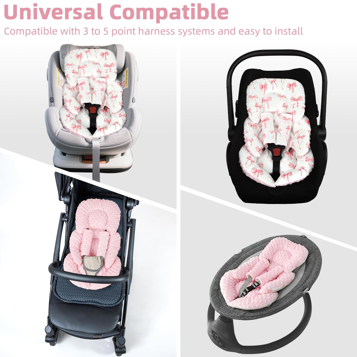 DAYEEBALL Infant Car Seat Insert Cushion, Baby Car Seat Head Body Support for Girls & Boys, Reversible Newborn Car Seat Insert with 2 Extra Strap Paddings, Premature Car Seat Cushion, Pink Bow