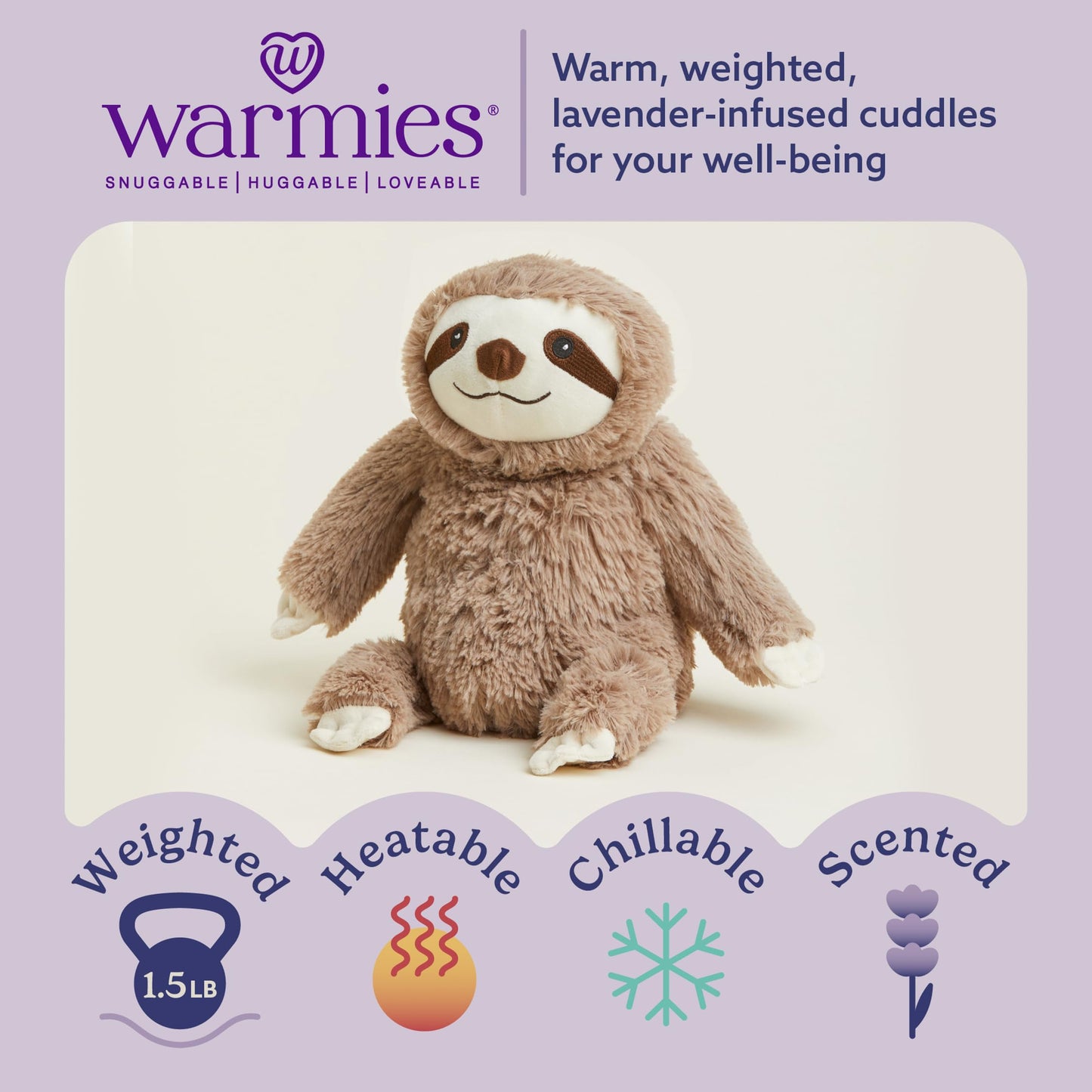 warmies Microwavable & Weighted Stuffed Animals, Sloth - Heated Stuffed Animal Plushie for Warmth & Comfort - Cute Soft Plush Toys for Boys, Girls, Babies & Toddlers