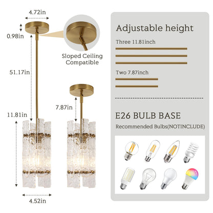 Modern Crystal Pendant Light for Kitchen Island, Gold Luxury Mini Water Ripple Glass Chandelier Lights Fixture, Modern square Adjustable Hanging Pendant Lighting for Dining Room Bedroom (3-Pack)