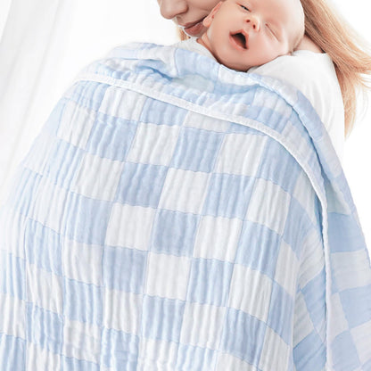 BEILIMU Muslin Baby Blankets for Boys Girls, 70% Cotton and 30% Rayon Blanket for Infant Toddler, Super Soft and Lightweight Blankets with Checkerboard Design Blue 43 x 43 Inches