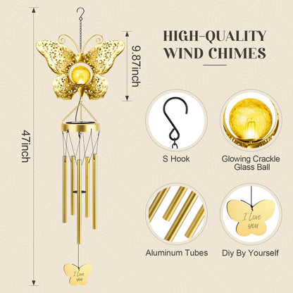 JYPS Butterfly Solar Wind Chimes, 40-Inch Large Waterproof Windchime for Outside with Glowing Crackle Glass Ball, Garden Patio Yard Decor Christmas Day Birthday Unique Gifts for Women Mom Grandma Wife