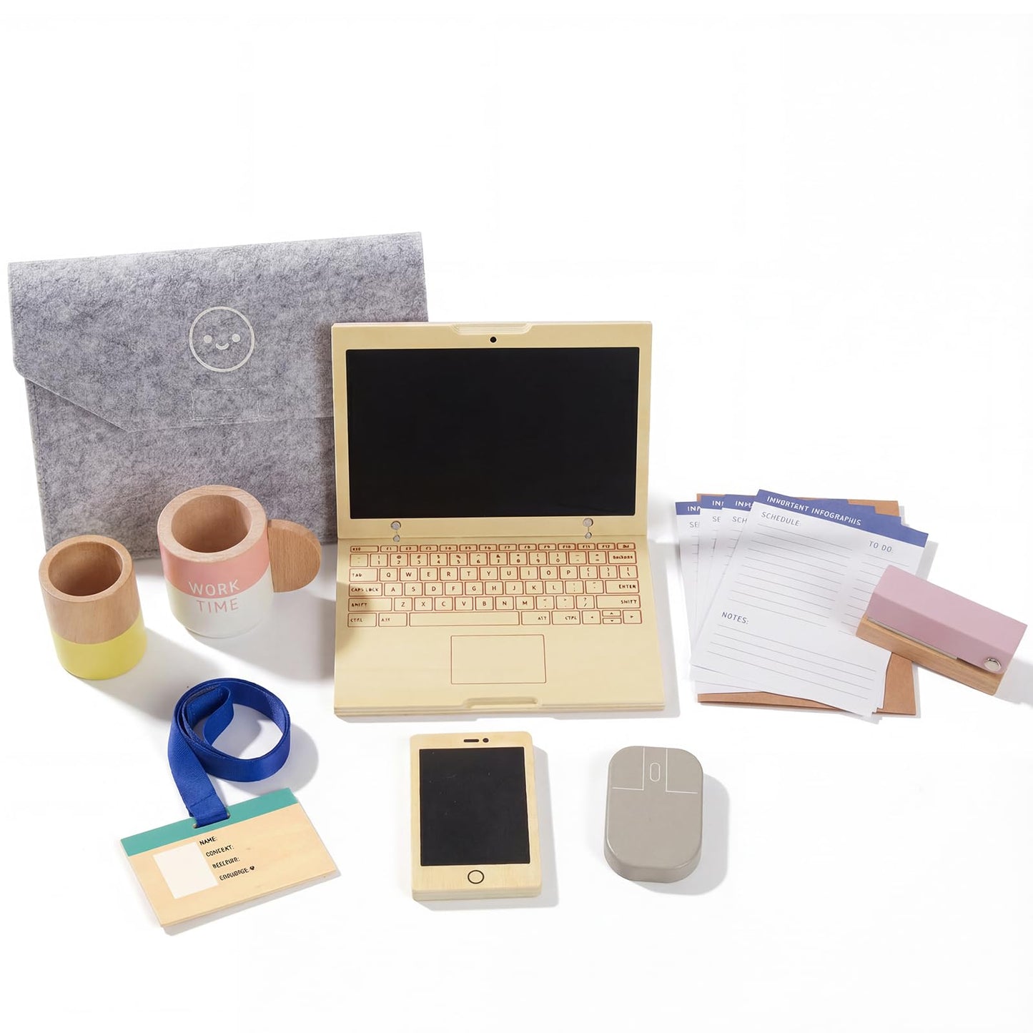 Wooden Pretend Play Home Office Set for Kids,10Pcs Office Playset with Wooden Toy Laptop & Phone,Toddlers Beverage Cup for Preschool Kid Ages 3+ Years