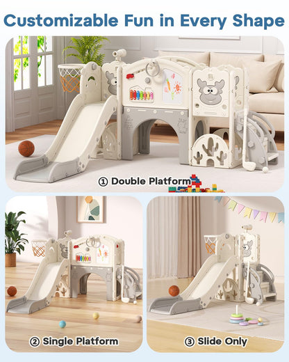 BIERUM Toddler Slide Set with Basketball Hoop, Golf Game & Drawing Board, 13-in-1 Indoor Outdoor Toddler Slides Playground for Kids Ages 1+, Kids Climber Playset for Backyard (Cream&Gray)