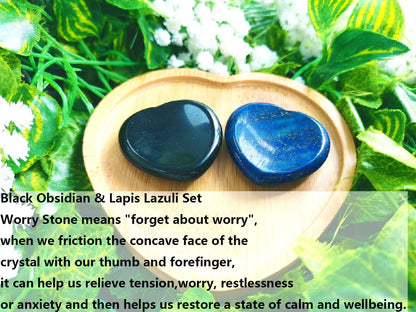 QINJIEJIE 2PCS Worry Stones for Anxiety Lapis Lazuli Black Obsidian Crystals Thumb Heart Crystal Palm Polished Gemstone Pocket Massage Natural Gem Stress Relief Item Reiki Meditation Gift for Women