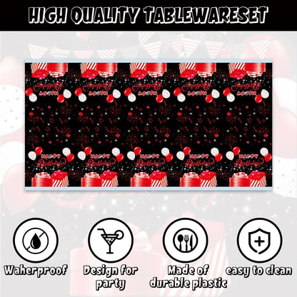 142Pcs Red and Black Birthday Party Tableware Set Inculde Plates Napkins Knives Forks Spoons Cups Banner and Tablecover Red and Black Birthday Party Decorations Supplies Serve 20