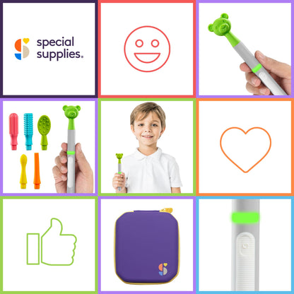 Special Supplies Buzz Buddy Oral Motor Stimulation kit with 6 Soft Textured Interchangeable Heads, Calm Sensory Needs, Support Speech, and Stimulate Self Feeding, Gentle Vibrations (Grey)