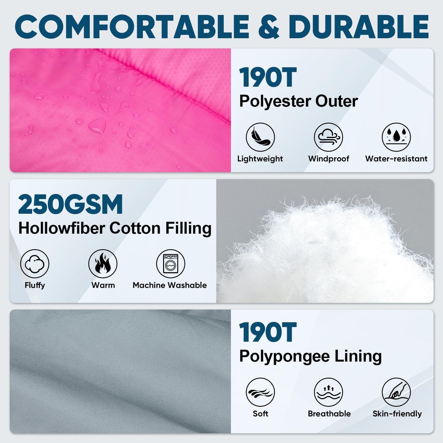 PTEROMY Sleeping Bags for Adults, Lightweight and Machine Washable, Water Resistant Backpacking Camping Sleeping Bag for Warm Cold Weather, Camping Essentials for Hiking Travel (Pink, 1.35kg)