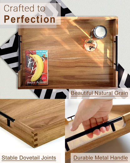 OurMiao 22 Inches Acacia Wood Serving Tray with Metal Handles, Large Wooden Rectangle Ottoman Tray, Decorative and Durable Design for Living Room Coffee Table Couch Kitchen
