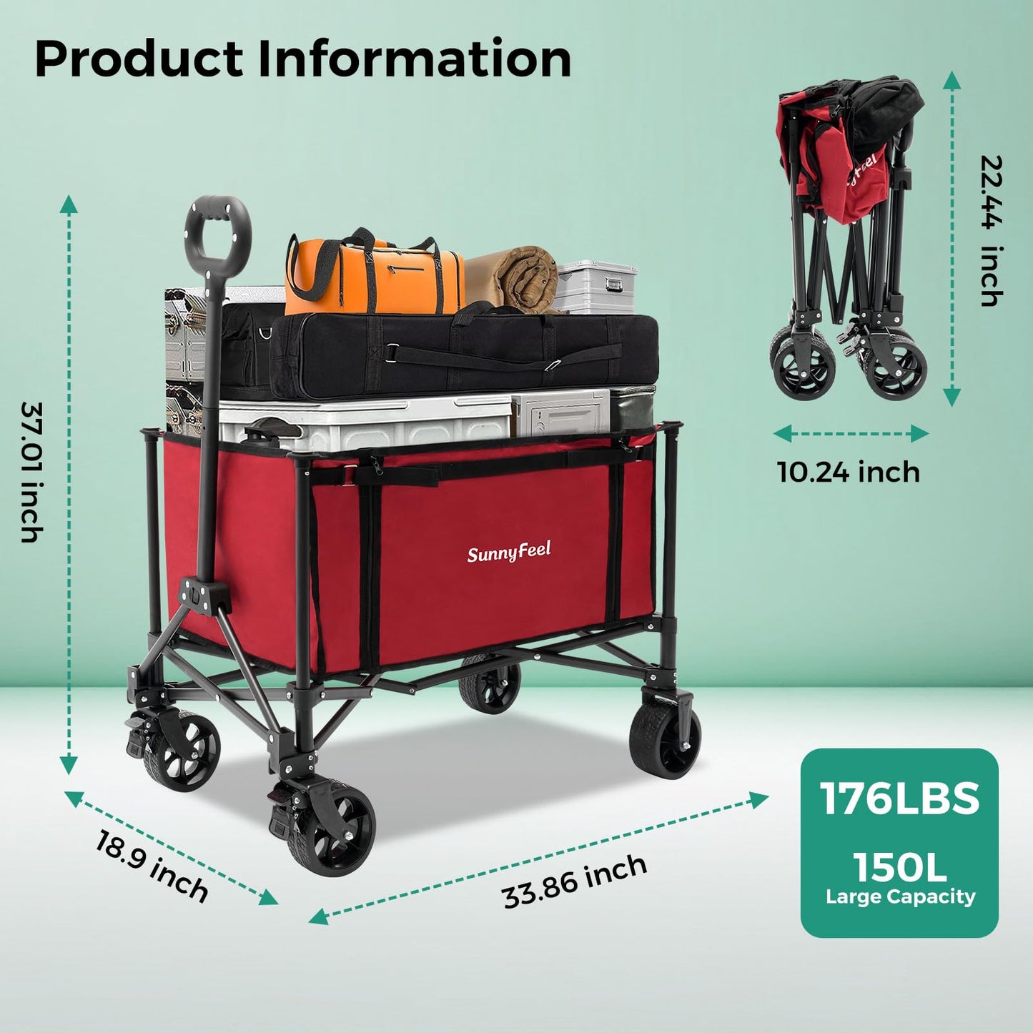 SUNNYFEEL Collapsible Wagon Cart, 200LBS Capacity Foldable Camping Cart with Wheels, Adjustable Handle， Lightweight Wagon for Shopping, Garden，Beach & Pet Use