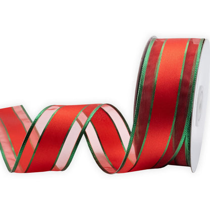 XMRIBBON Organza Edge Satin Ribbon Red Wired Ribbon with Green Metallic, 1-1/2 Inch X 25 Yards, for Christmas Home Decor, Gift Wrapping, Bow Making, Wreath, DIY Crafts