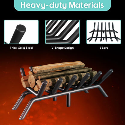 jkxoo 17-Inch Fireplace Grate, Heavy Duty 6-Bar Log Rack Holder Made of Solid Round Steel for Indoor/Outdoor Fire Pits, Wood Stoves & Kindling Tools