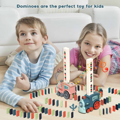 Noaideoi Domino Train Toy Set for Kids, Automatic Dominoes Blocks Building and Stacking Toys Creative Kids Games Early Education Christmas Birthday Gift Boys Girls Age 3 4 5 6 7 8 Year Old (Cyan)