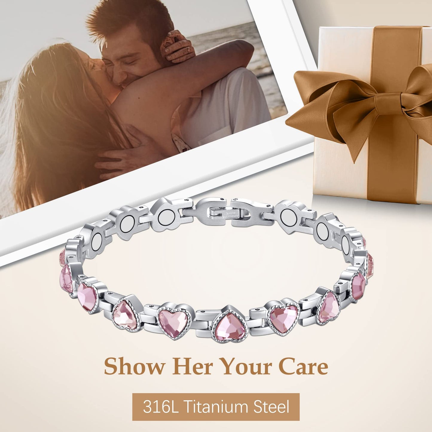 Feraco Magnetic Bracelet for Women Titanium Steel Magnetic Bracelet with Neodymium Magnets & Sparkling Crystals, Christmas Jewelry Gifts (Pink)