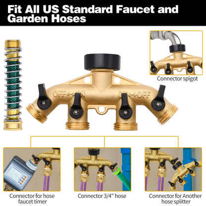 4 Way Hose Splitter with 4Pcs Garden Hose Extension Adapter, Brass Garden Hose Splitter Set, Hose Spigot Adapter with 4 Valves and 12 Rubber Washers & 4 Tapes