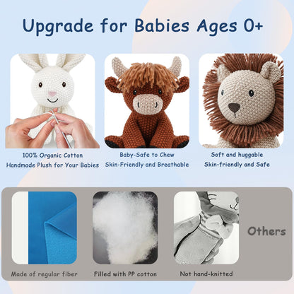 3Pcs Easter Stuffed Animals Toys for Girls 7-8 Inch Cute White Bunny Plush, Cuddly Highland Cattle Toy and Soft Crochet Lion Knitted Cotton Baby Plush Toy Gift for Kids and Newborns, Christmas