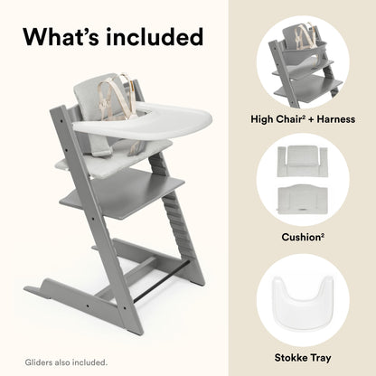 Stokke Tripp Trapp High Chair 2 (Storm Grey), Cushion 2 (Nordic Grey) + Stokke Tray (White) - Includes Chair + Baby Set 2 with Removable Harness for Children 6-36 Months