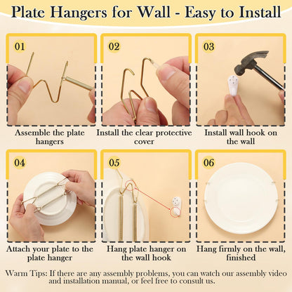 24 Pack Plate Hangers for Wall Display, 6/8/10/12 Inch Invisible Stainless Steel Plate Holders with Wall Hooks, Fit 5.5–12.5 Inch Decorative Plates, Plate Display Hangers for Home Wall Decor, Gold