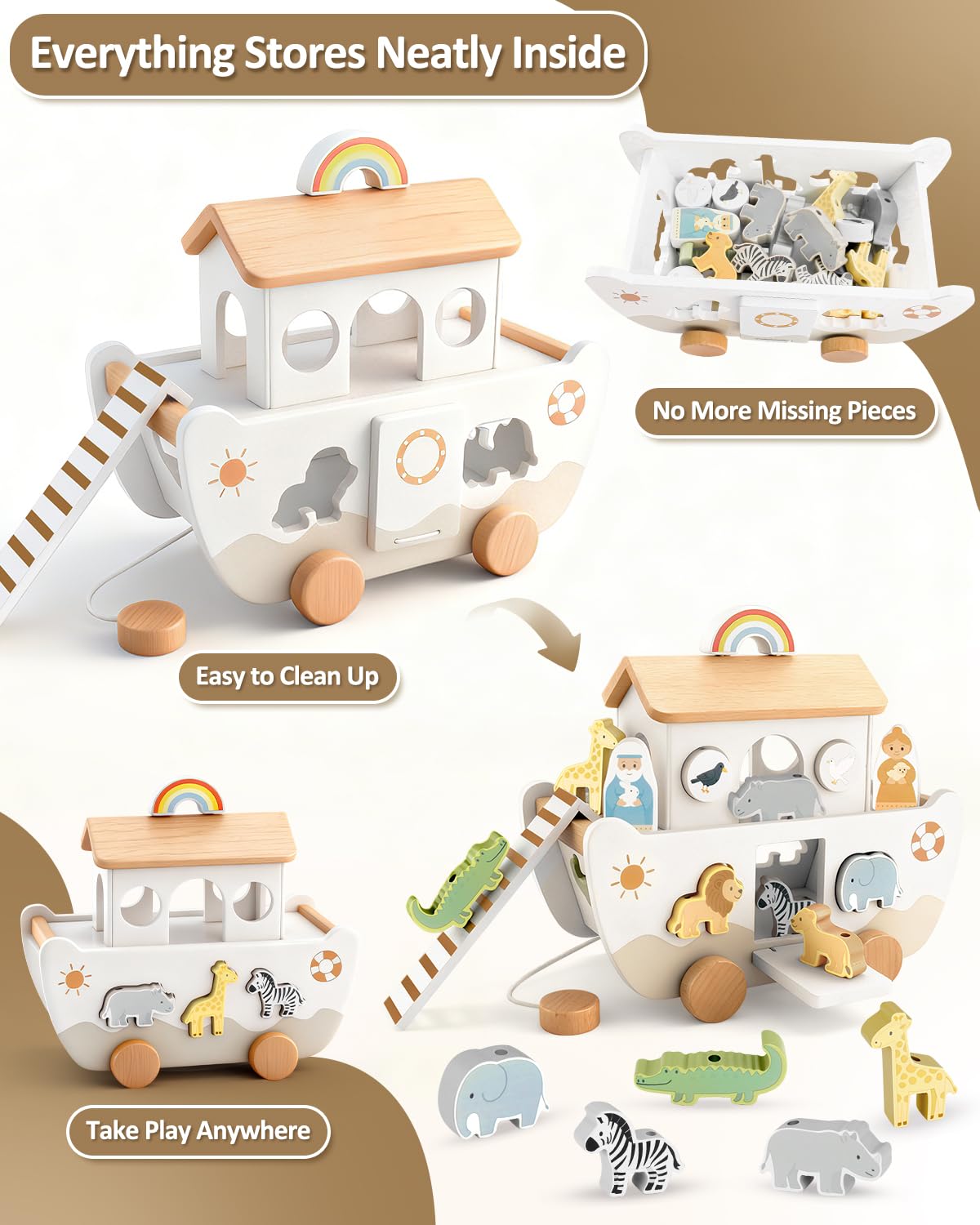 WoodsyJoy Wooden Noah’s Ark Toy for Toddlers 1-3, Baptism Christening Gifts for Boys Girls, Christian Toy Animal Shape Sorter, Baby Birthday