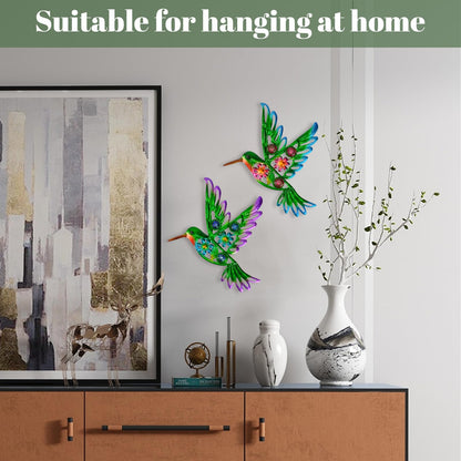 YIWEMON 2 Pack Metal/Glass Hummingbird Wall Decor, 12.4" Outdoor Fence Wall Art Decor, Wall Sculpture Hanging Decoration Perfect for Garden Yard Living Room Bedroom Patio Balcony