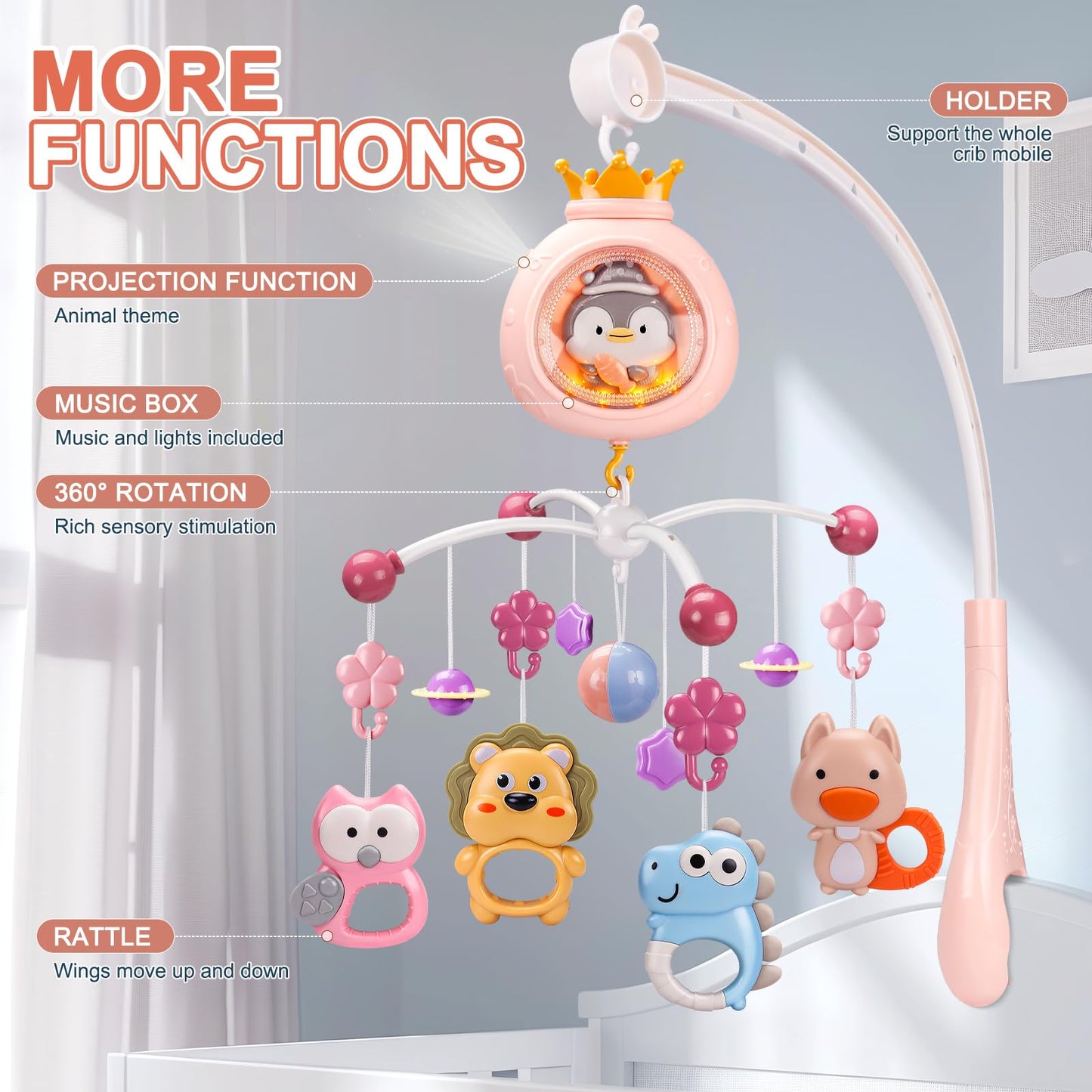 ZFSZSY Crib Mobile with Music and Lights,Mobiles for Cribs, Baby Mobile Arm Toys Hanging for Girls Boys Infants 0-6 6-12 Months, Bassinets Nursery Musical Portable Mobile Clip On Pack and Play(Pink)