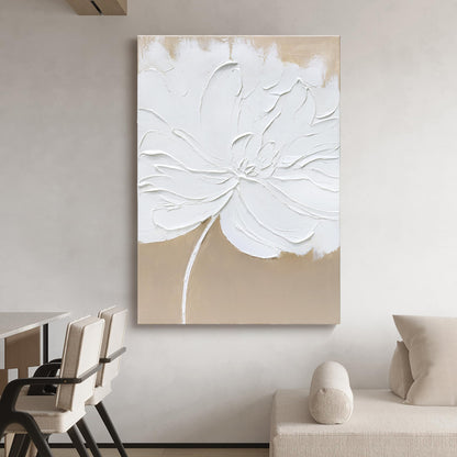 Artaanchuil Hand Painted White Flower Texture Wall Art - 28x40 Inch Beige Canvas Abstract Oil Painting Vertical Modern Artwork for Living Room Wall Decoration