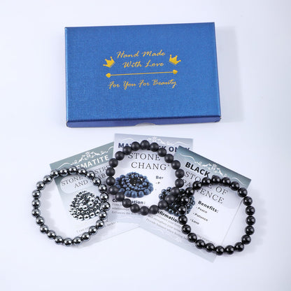 NCB 3-Piece 8mm Natural Crystal Gemstone Stretch Bracelets – ﻿Black Onyx, Hematite, Matte Black Agate Handmade Reiki Energy Healing Jewelry for Meditation,Yoga, Unisex