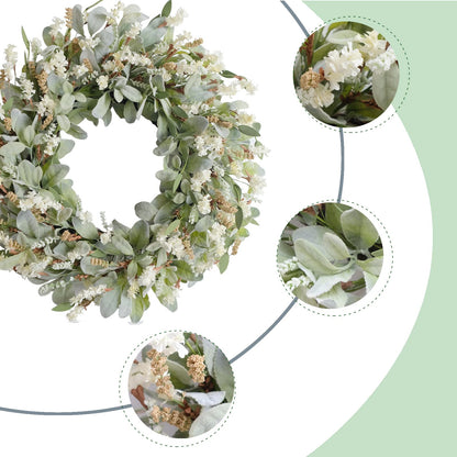 24 Inch Summer Spring Ivory Flowers Wreath for Front Door, Everyday Lamb Ears Leaves Wreath with White Artificial Flower for Indoor and Outdoor, Rustic and Farmhouse Greenery Flower