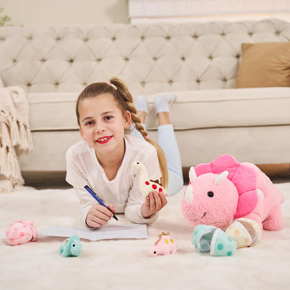Karister 17.6in Pink Dinosaur Toys for Girls, Mommy Dinosaur Stuffed Animal with 3 Baby Dino Plush(Triceratops, Stegosaurus and Diplodocus),Small Dino Plushies for Girls and Boys,Gifts for Kids