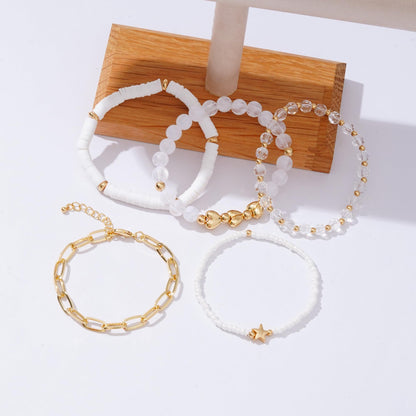 RISHEGAE Heishi Beaded Stretch Bracelets for Women Stackable Gold Polymer Clay Beads Bracelet Friendship Boho Summer Beach Bracelets Jewelry Set (B-White Link)