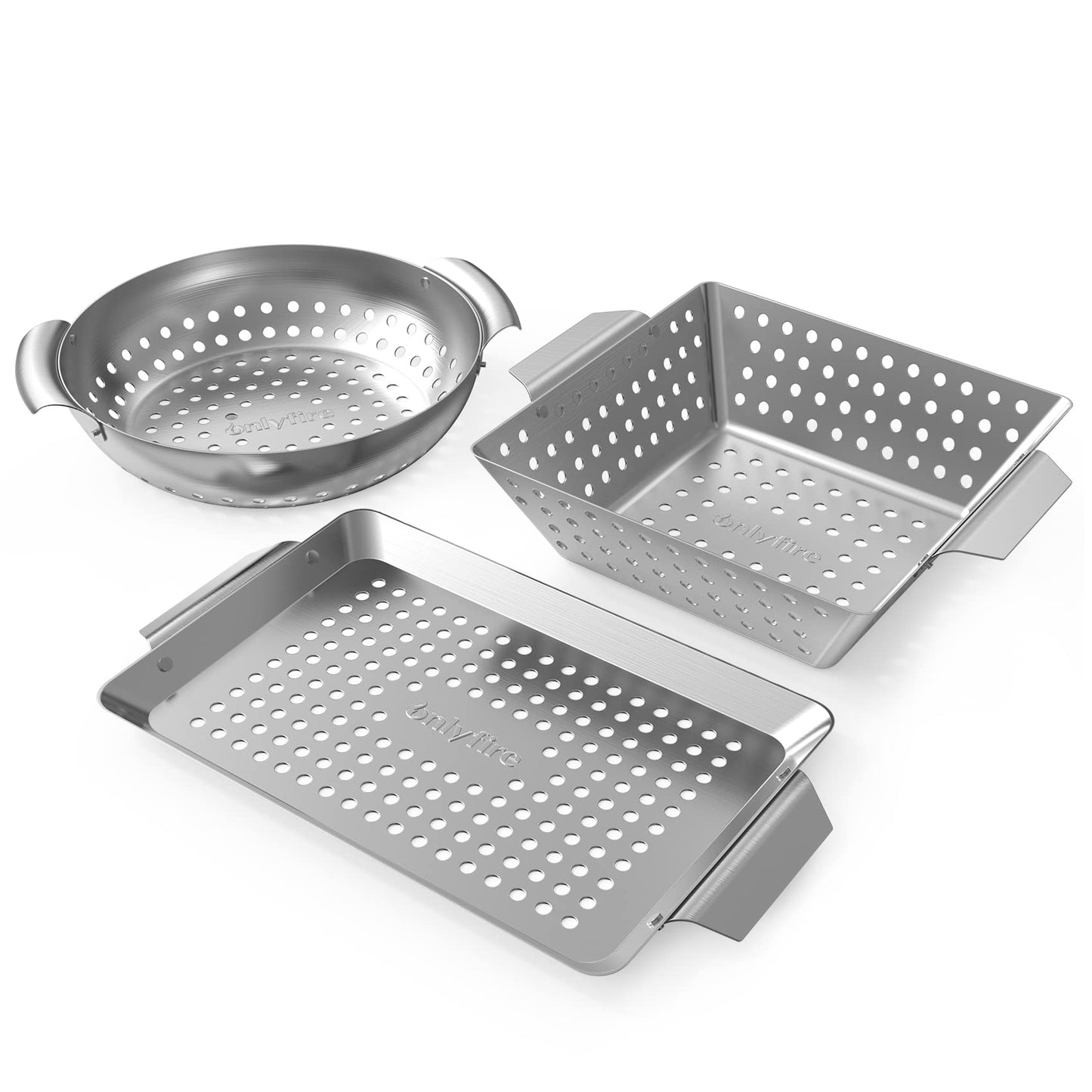 Onlyfire 3 Packs Grill Baskets, Heavy Duty Stainless Steel Perforated Vegetable Grill Baskets, 3 Piece Mini Grilling Basket Set, Grill Pan for Outdoor Grill