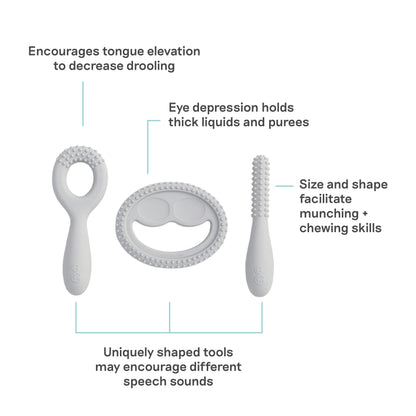 ezpz Oral Development Tools (3 Pack in Pewter) - 3 Months+ - Non-Slip Loop, Smile and Stick 100% Silicone Tools - Prepare for Chewing + Solids - Baby-Led Weaning Supplies