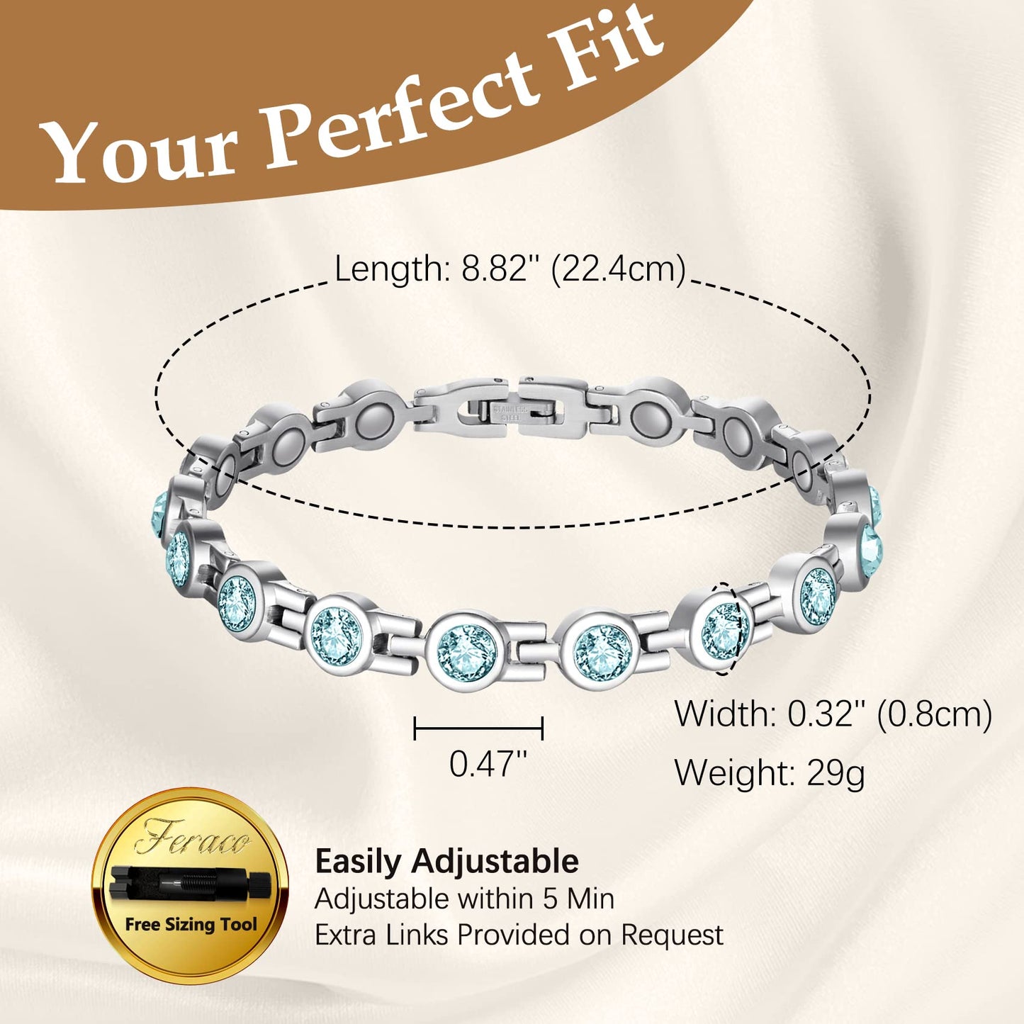 Feraco Magnetic Bracelet for Women Titanium Steel Magnetic Bracelets with Gorgeous Sparkling Cubic Zirconia Costume Jewelry Gifts (Blue)