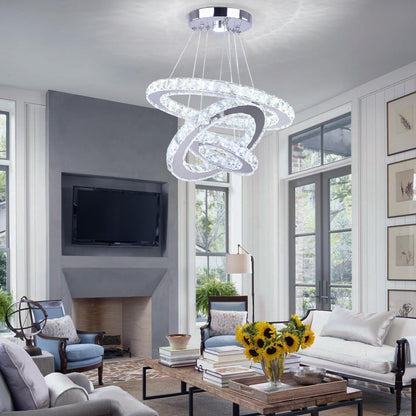 xychfantligh Modern 3 Ring Round Crystal Chandelier Adjustable Stainless Steel Pendant Lighting LED Crystal Ceiling Light Fixture for Living Room Dining Room Bedroom Cool White