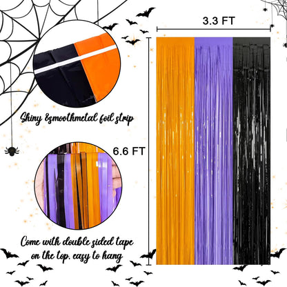 3 Packs 3.3ft x 6.6ft Orange Purple Black Metallic Tinsel Foil Fringe Curtains Photo Booth Props for Halloween Birthday Bridal Shower Baby Shower Bachelorette Holiday Celebration Party Decorations