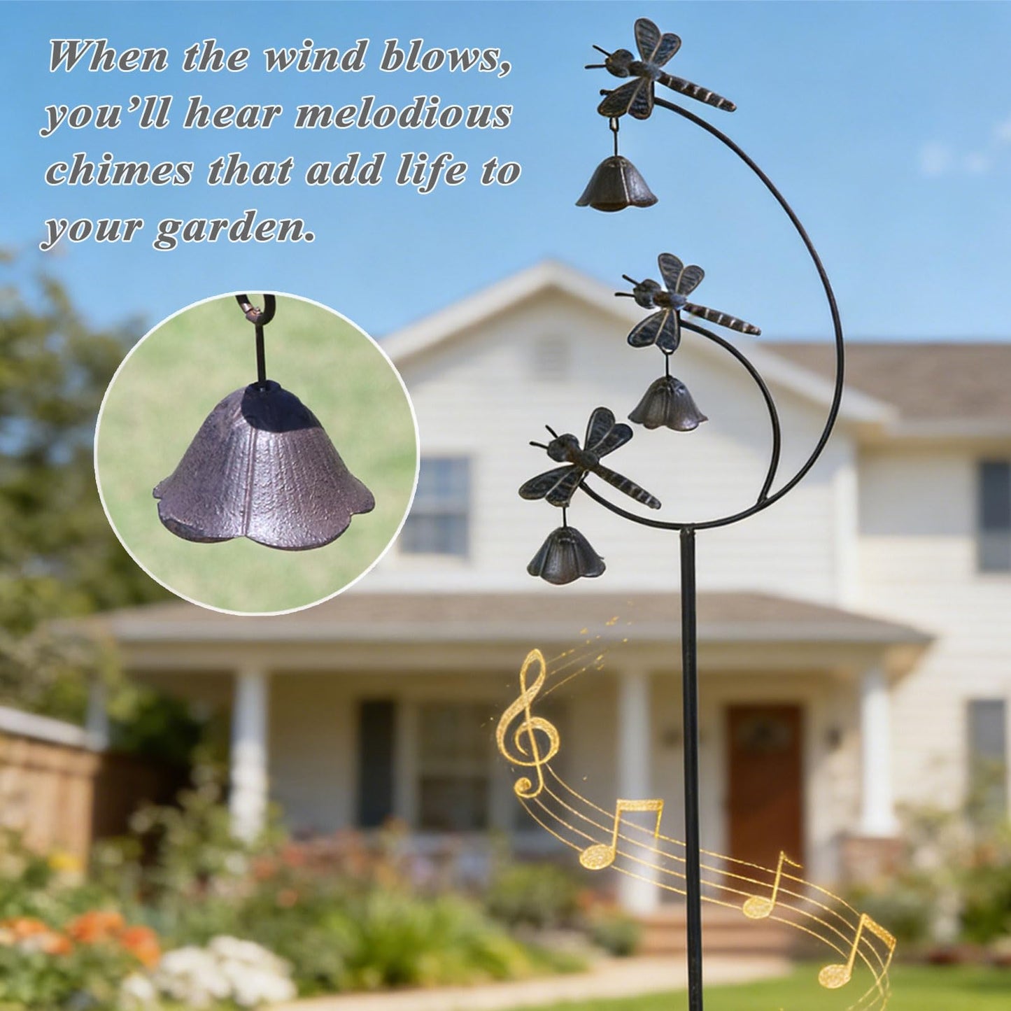 MNRYLKB Gardens Metal Dragonfly with Bells for Outside Yard Art，Decorative Garden Stakes