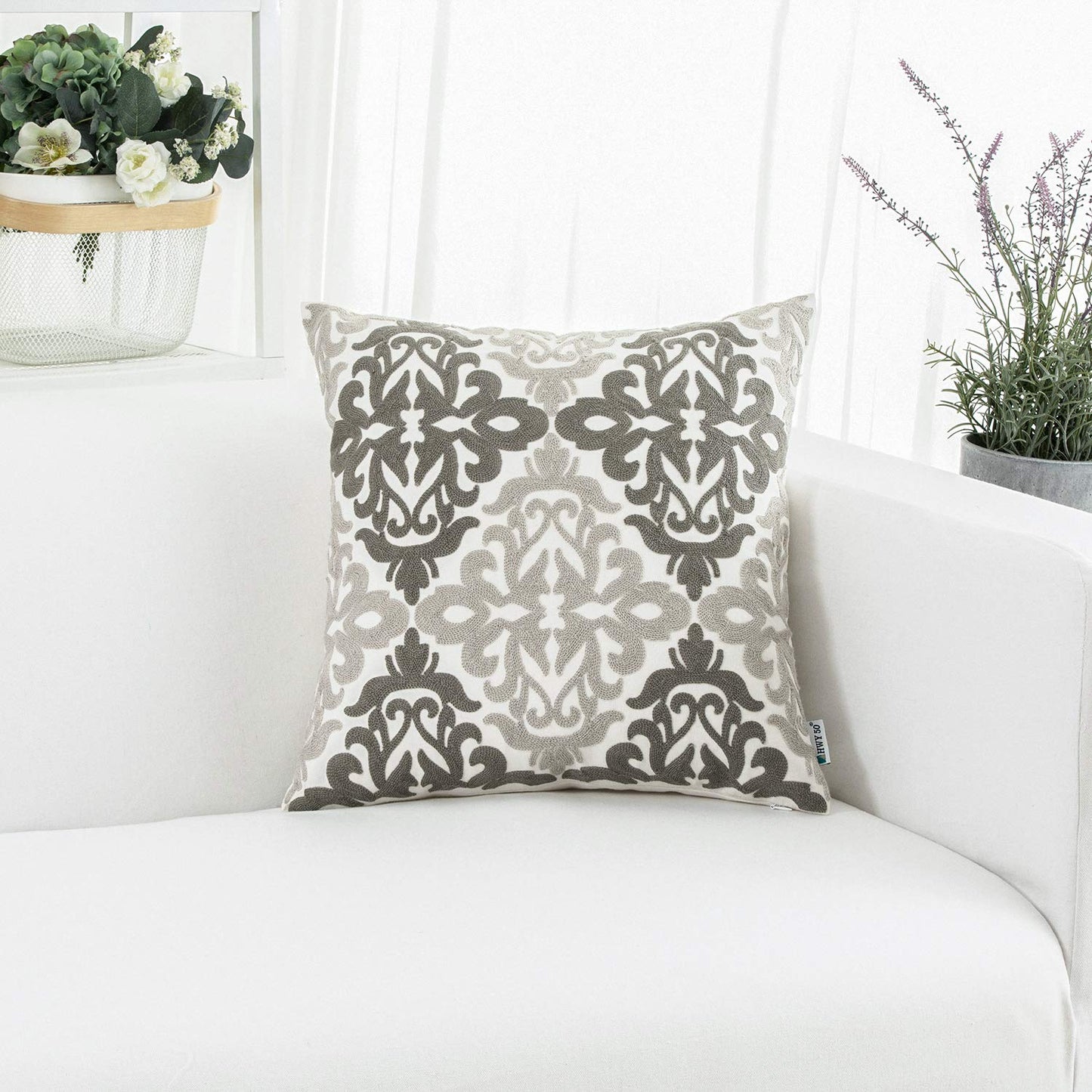 HWY 50 Gray Grey Decorative Throw Pillow Covers 18x18 Inch, Pack of 2 Embroidered Cotton Farmhouse Cushion Cover Pillow Case for Sofa Couch Living Room Bed Bedroon, Accent Geometric