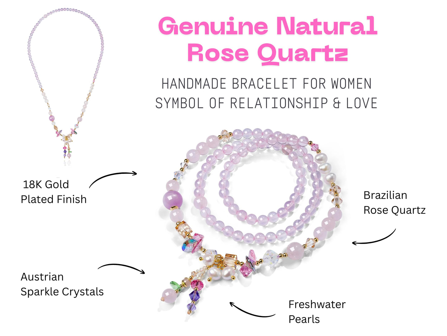 18K Gold Plated Handmade Rose Quartz Wrap Bracelet-Necklace for Women | Natural Healing Stone with Freshwater Pearl & Austrian Crystal | Love Energy Gift