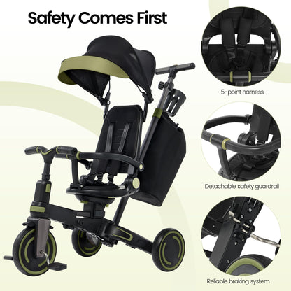 Aneco 9-in-1 Multi-functional Baby Tricycle for Toddlers 10 Months-3 Years with Removable Canopy Rotatable Seat Safety Harness Wheel Brake Adjustable Push Handle Storage Bag Cup Holder Black and Green