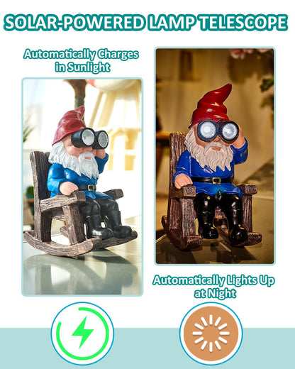 GaloTrek Solar Garden Gnome Statues Resin Gnome Figurines Sitting on Rocking Chair Outdoor Telescope Gnome Gifts for Yard, Patio Decor Gift
