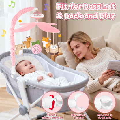 Playix Baby Crib Mobile with Music and Lights, Nursery Baby Mobile for Crib Bassinet with Remote Control, Rotation, Starlight Projection, Crib Toys for Babies Boys Girls Pink