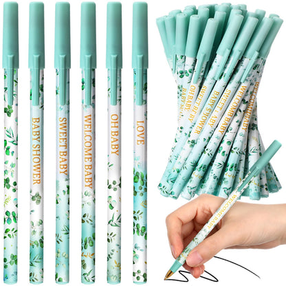 Humyoun 48 Pcs Eucalyptus Leaf Baby Shower Ballpoint Pens Black Ink Bulk for Greenery Baby Shower Party Supplies Guests Gifts School Supply Table Decorations, 6 Styles