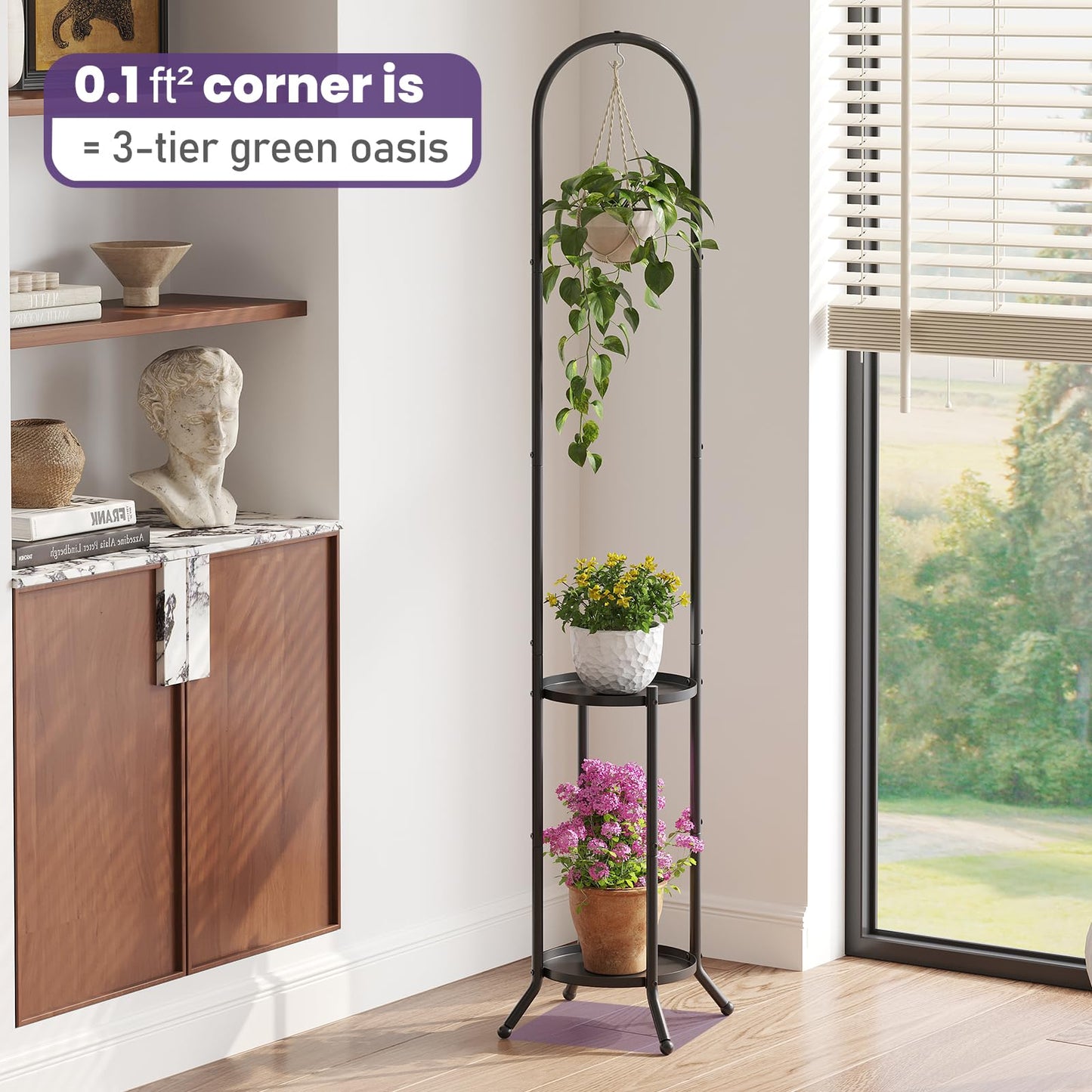 Wieghda Metal Plant Stand 2-Tier with Hanging Hook for Indoor Outdoor Plants,Sturdy Steel Plant Shelf Display Rack(Black)