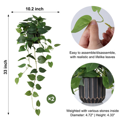 FancyPlus Fake Plants 2 Pcs Faux Pothos Plants Potted Indoor Artificial Hanging Plants Realistic Fake Greenery Table Desk Bathroom Office Bedroom Living Room Shelf Modern Farmhouse Decor Indoor
