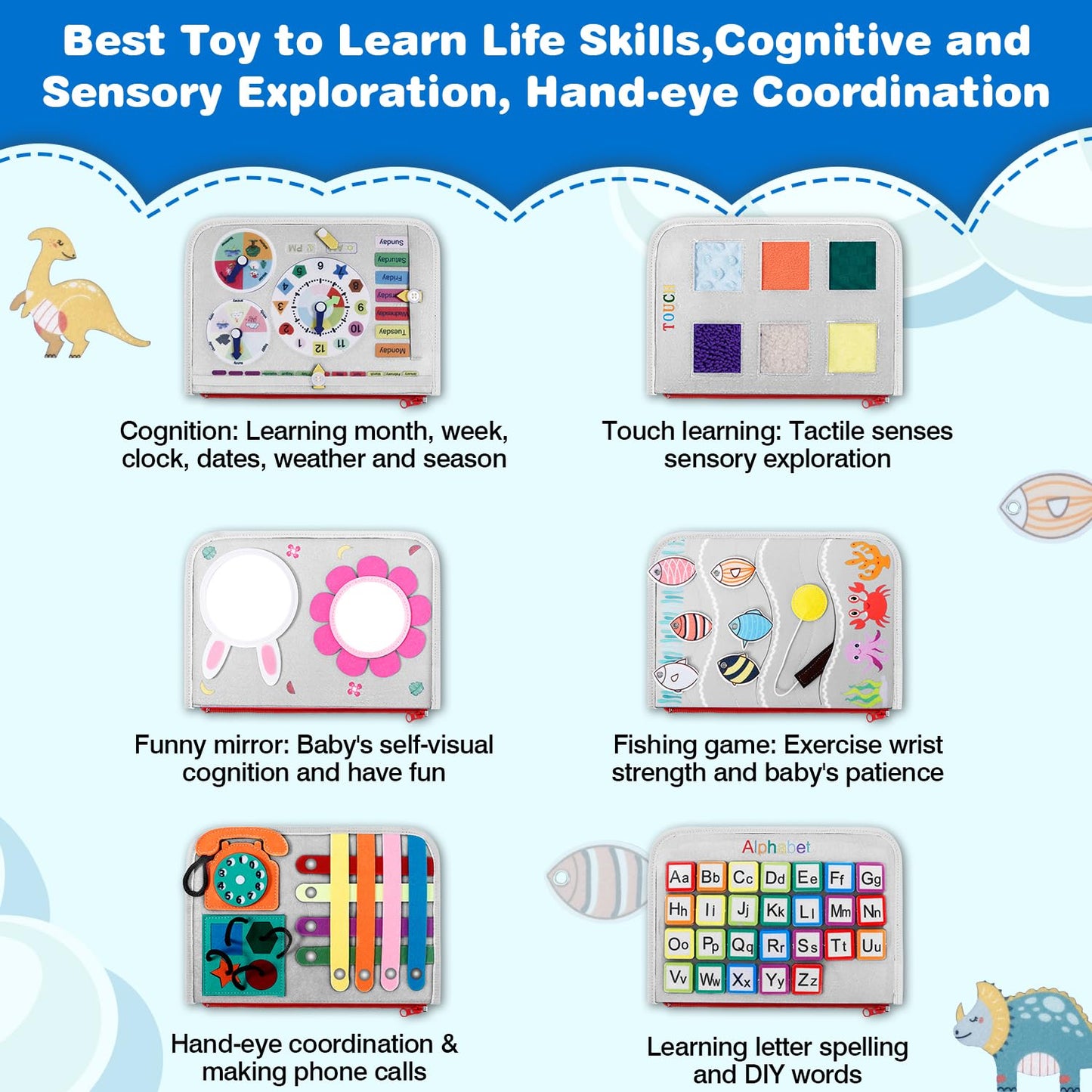 JHkim Busy Board Montessori Toys for 1 2 3 4 Year Old Boy & Girl Birthday Gifts, Autism Sensory Travel Toy for Toddlers 1-3, Educational Activity Sensory Busy Book for Learning Fine Motor Skills, Gray